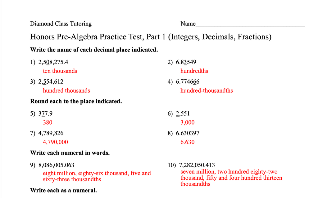 Honors Pre-Algebra Practice Test