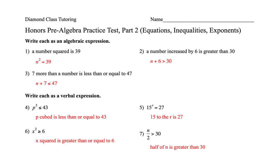 Honors Pre-Algebra Practice Test
