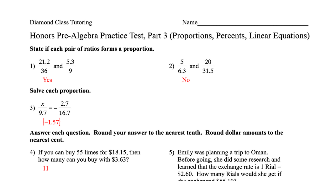Honors Pre-Algebra Practice Test
